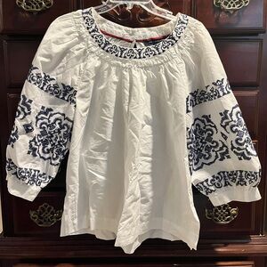 Tommy Hilfiger White Top with Navy Embroidered Puff Sleeves